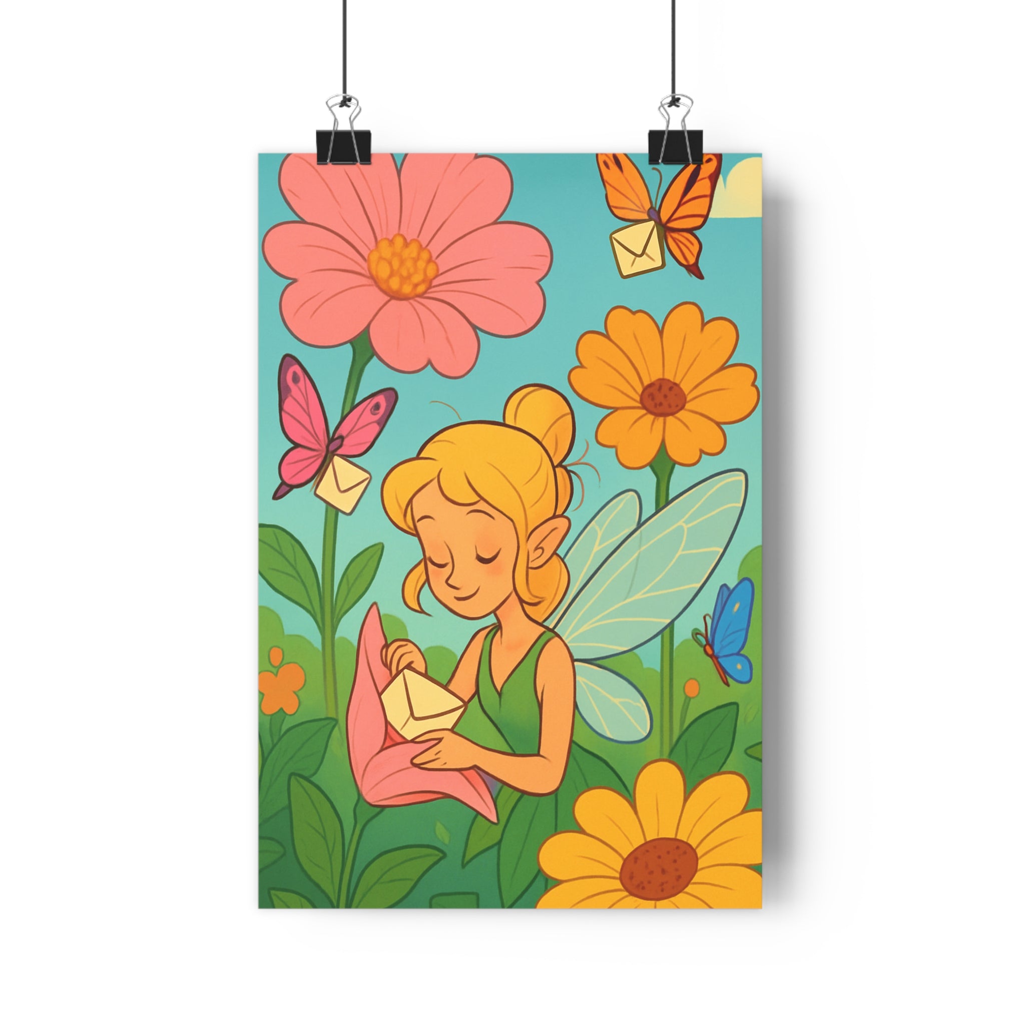 Poster décoratif féerique pastel fée papillon fleurs rose orange chambre enfant ambiance lumineuse qualité