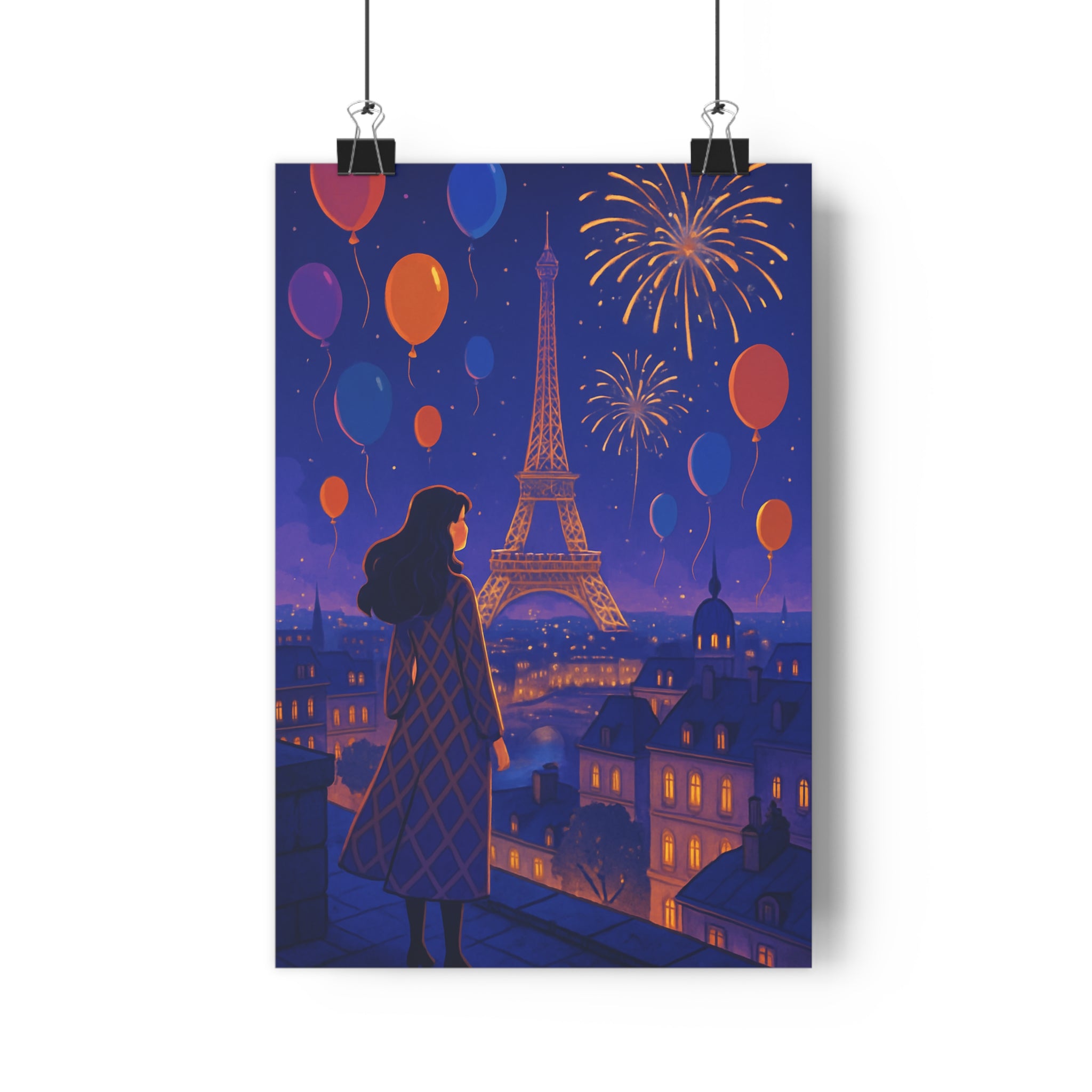 Poster décoratif Paris nocturne bleu orange moderne urbain salon chambre ambiance festive art contemporain
