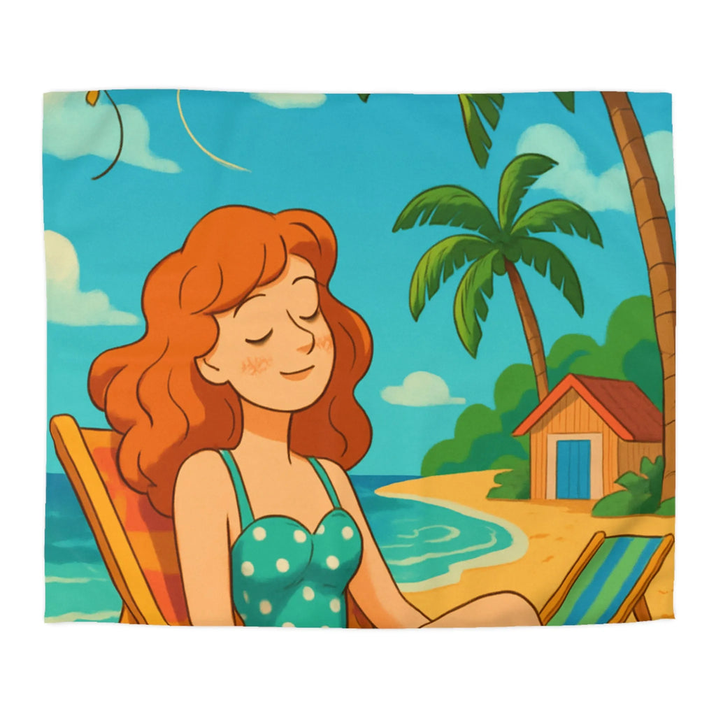 Housse de couette illustrée plage relaxante avec fille et cerf-volant coloré