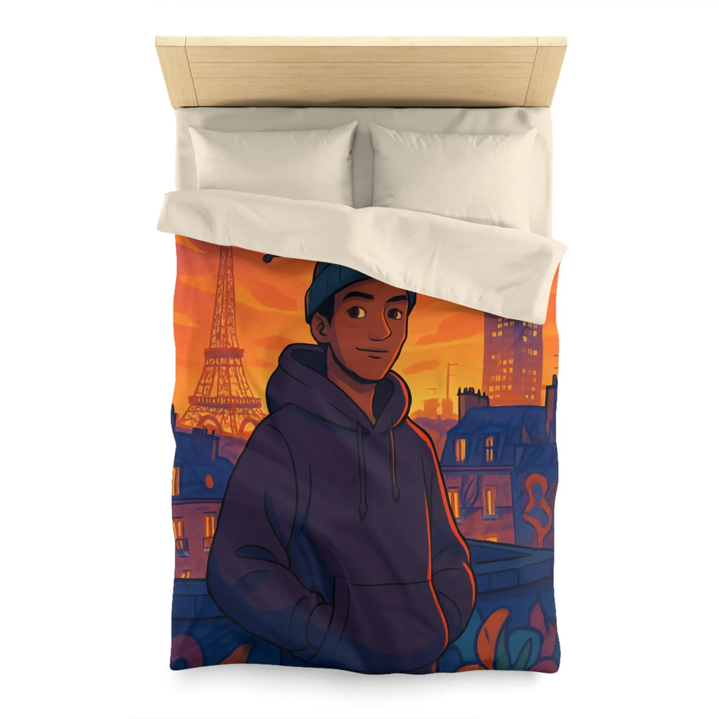 Housse de couette colorée avec ville, tour emblématique et vol de pigeons au crépuscule