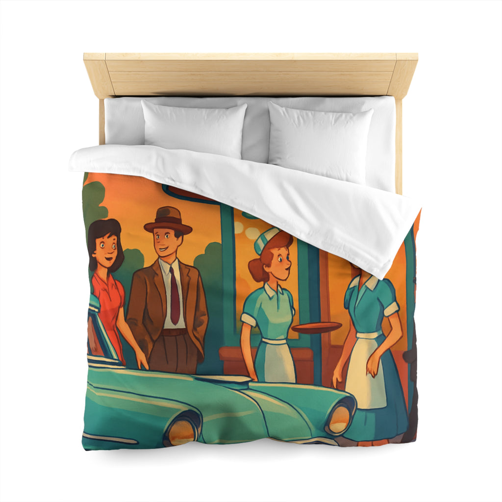Housse de couette rétro avec illustration de café américain et voiture vintage