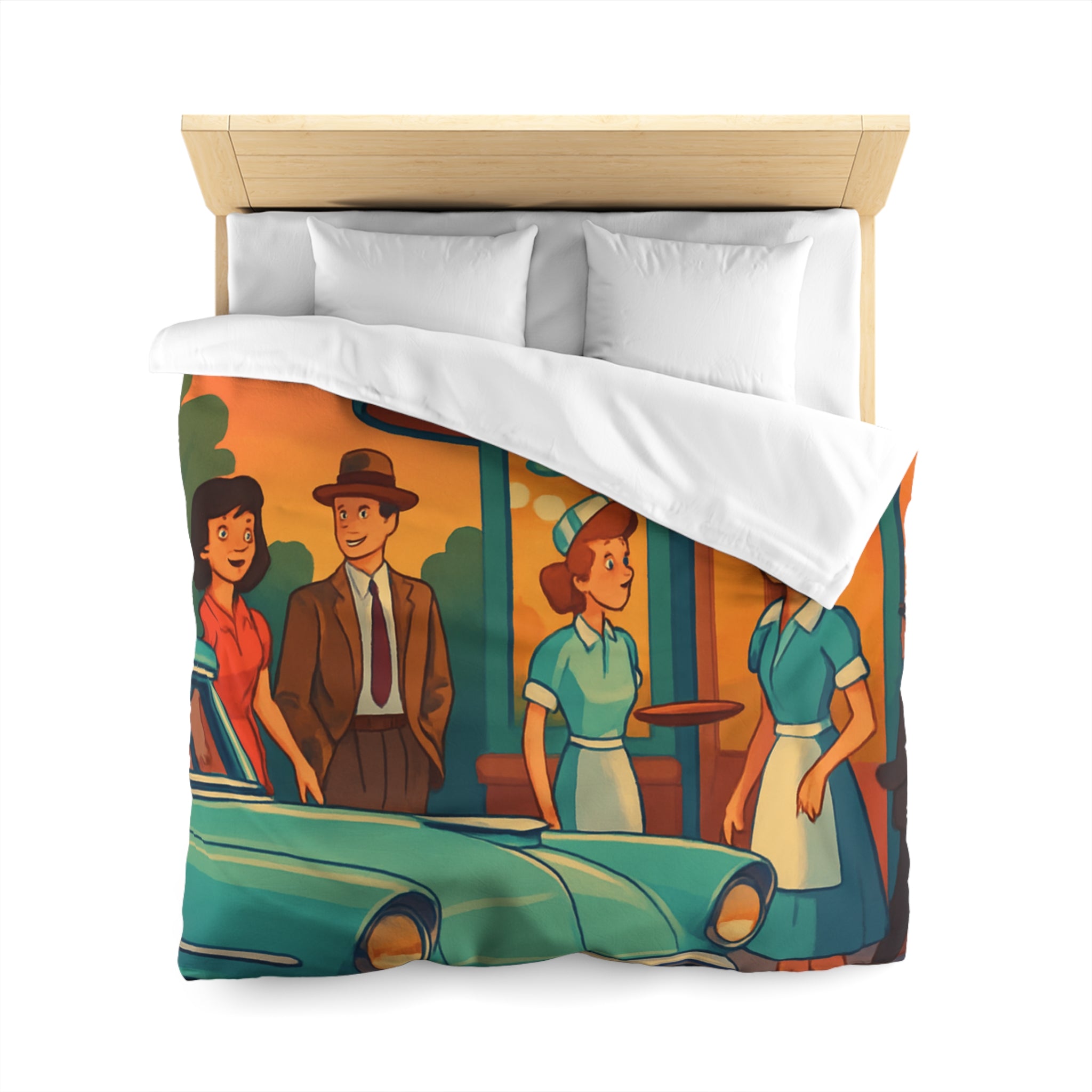 Housse de couette rétro avec illustration de café américain et voiture vintage