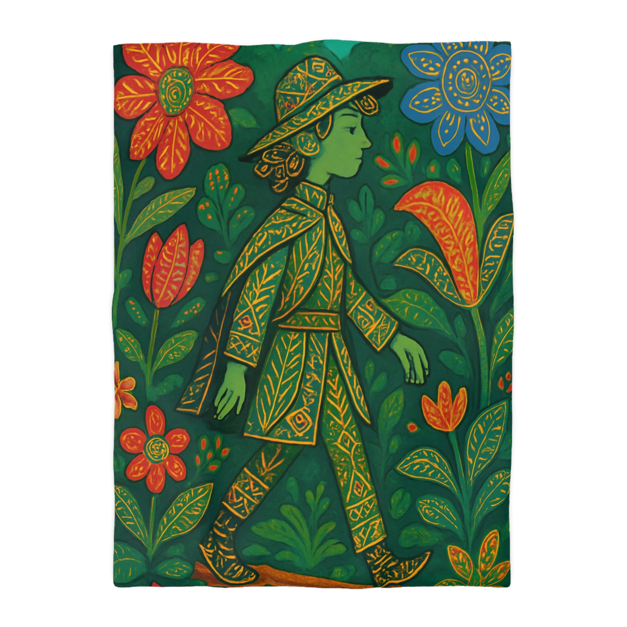 Housse de couette vibrante avec motif botanique et personnage en marche serein