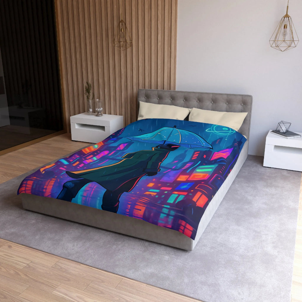 Housse de Couette Design Futuriste Ville Néon avec Parapluie et Pluie Nocturne