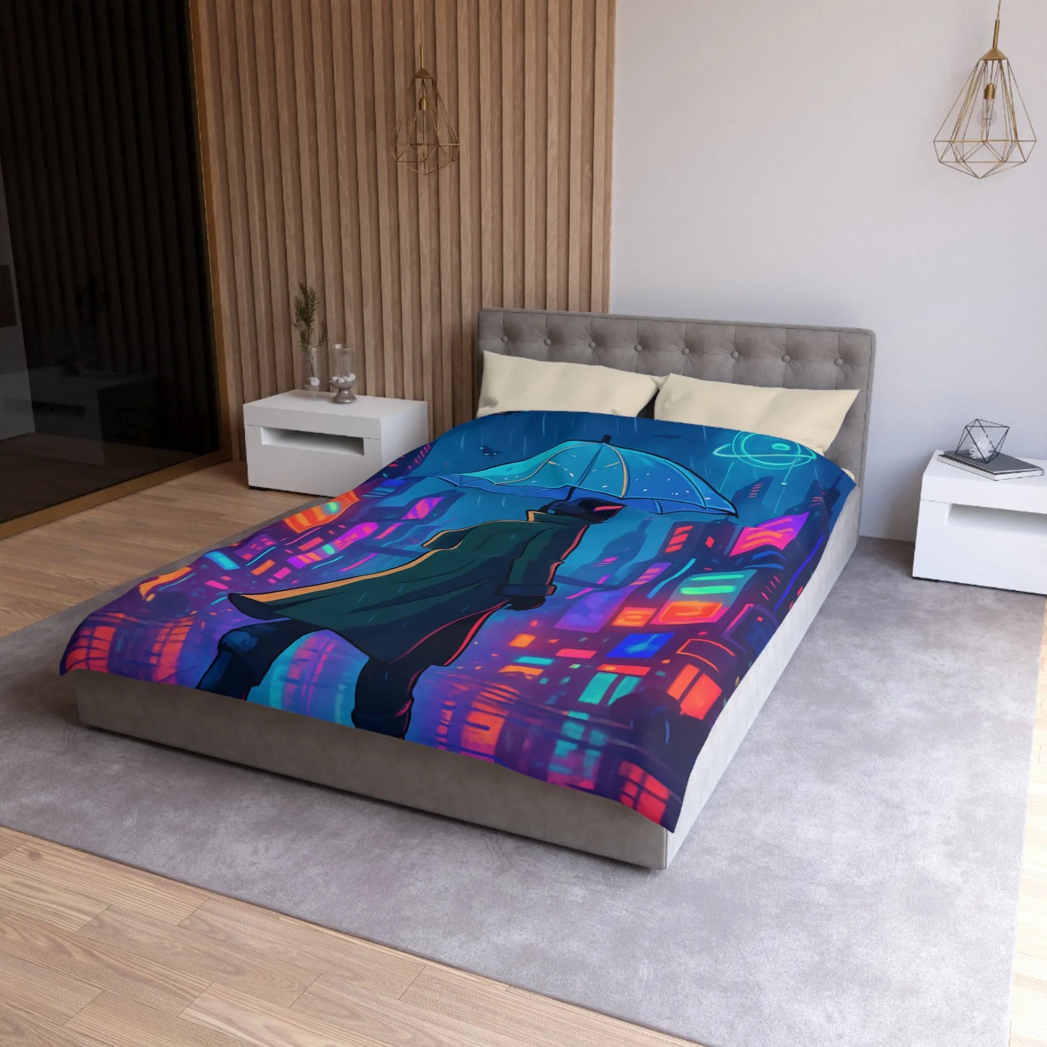 Housse de Couette Design Futuriste Ville Néon avec Parapluie et Pluie Nocturne