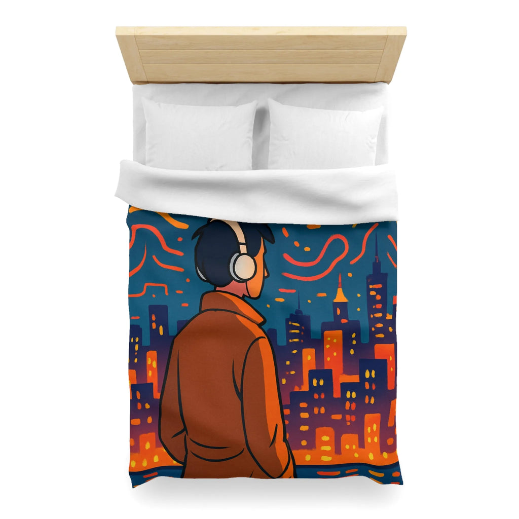 Housse de Couette avec Design Jeune Homme devant Ville Illuminée et Ciel Étoilé