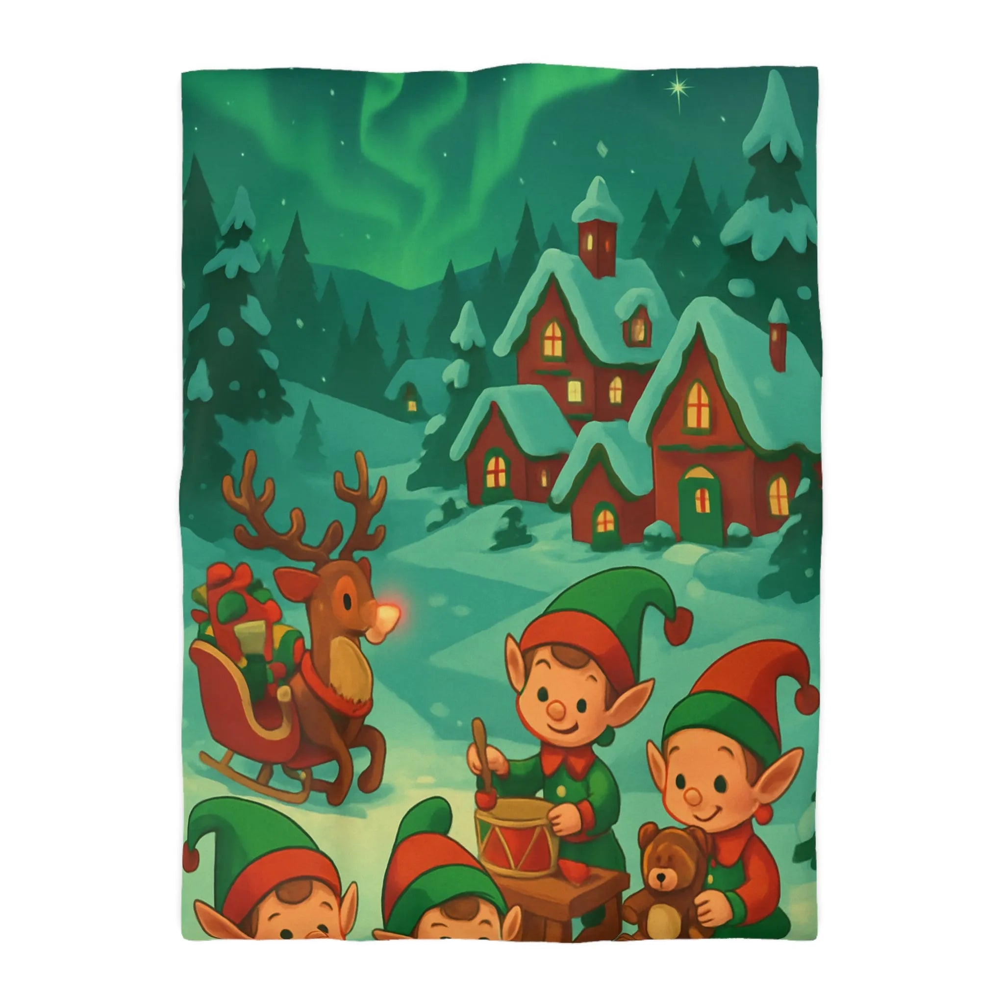 Housse de Couette Enchantée avec Lutins et Aurores Boréales dans Paysage d’Hiver Givré