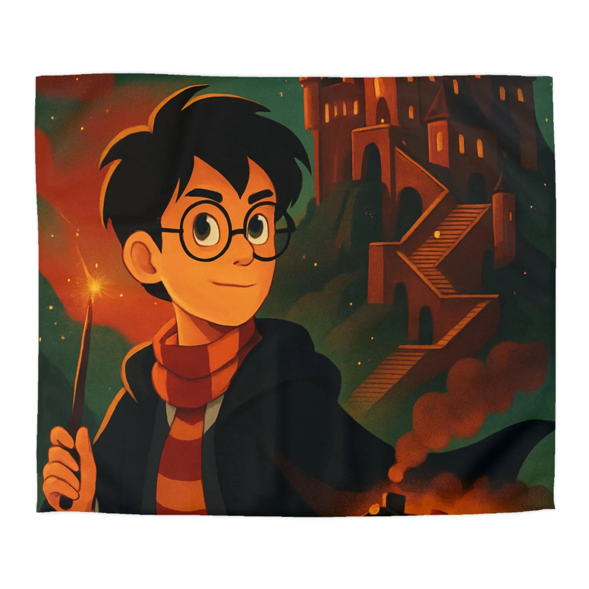 Housse de couette magique avec jeune sorcier, hibou, château et train en fond