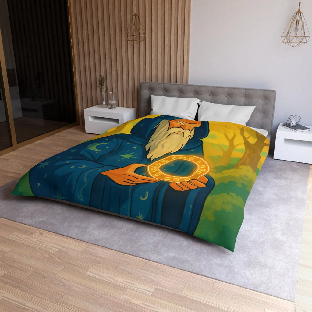 Housse de couette enchantée avec mage en forêt et cercle lumineux mystérieux