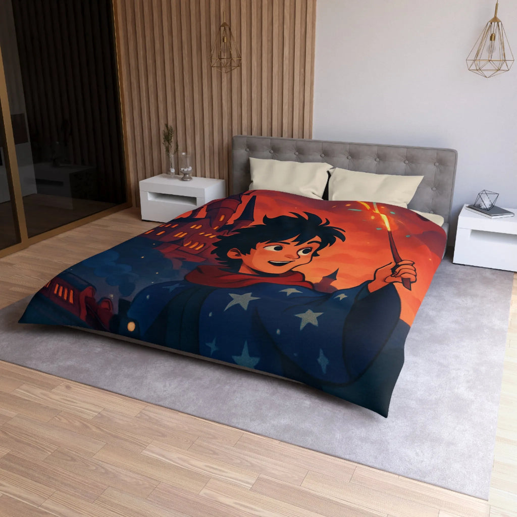 Housse de Couette Enfant Magie Château Nuit Feu d'Artifice Dragon et Hibou