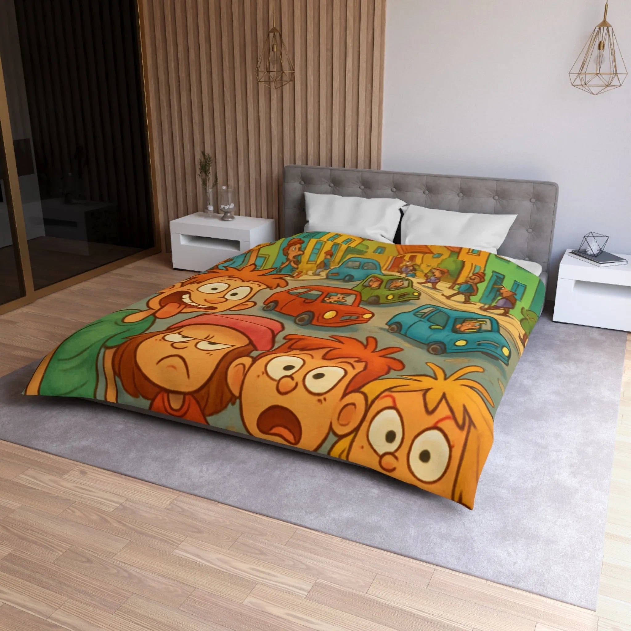 Housse de couette enfants joyeuse ville animée avec personnages colorés et expressions vives