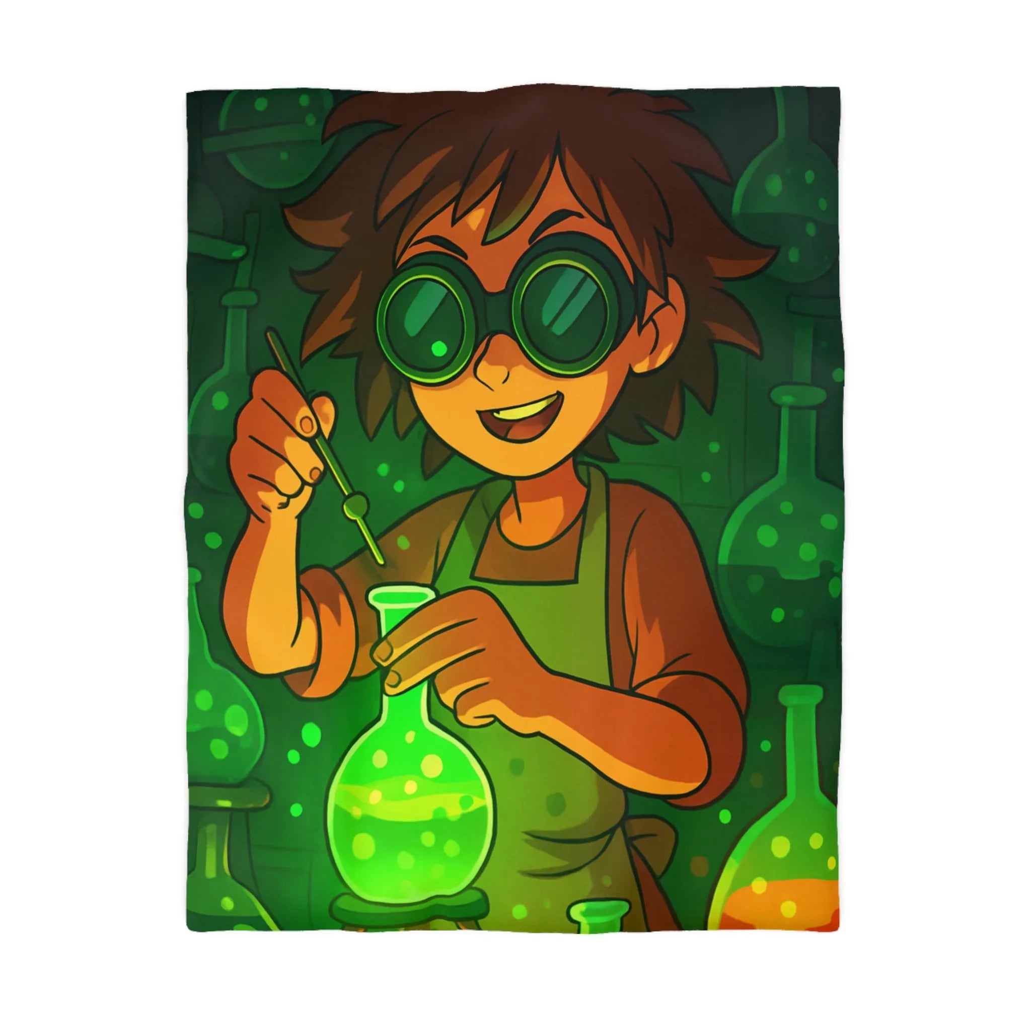 Housse de couette colorée avec un jeune chimiste dans un laboratoire mystérieux et magique