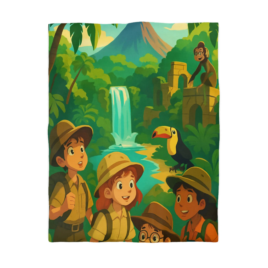 Housse de Couette Jungle Aventure Enfants avec Toucan, Monuments et Cascade Colorés