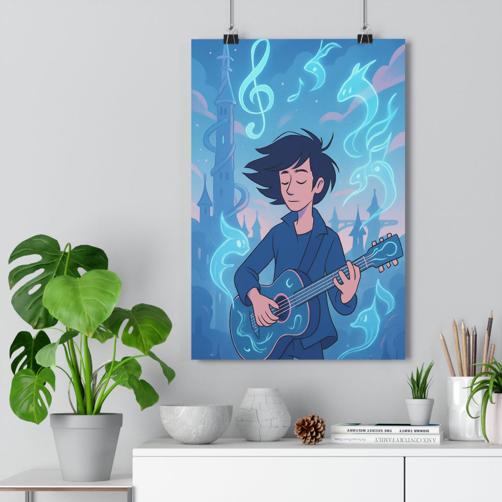 Poster décoratif surréaliste bleu rose pastel ambiance magique chambre salon rêve guitare musique architecturale