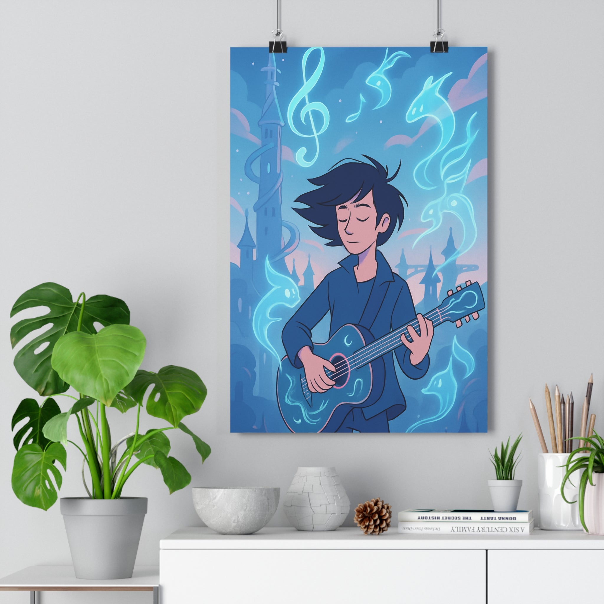 Poster décoratif surréaliste bleu rose pastel ambiance magique chambre salon rêve guitare musique architecturale