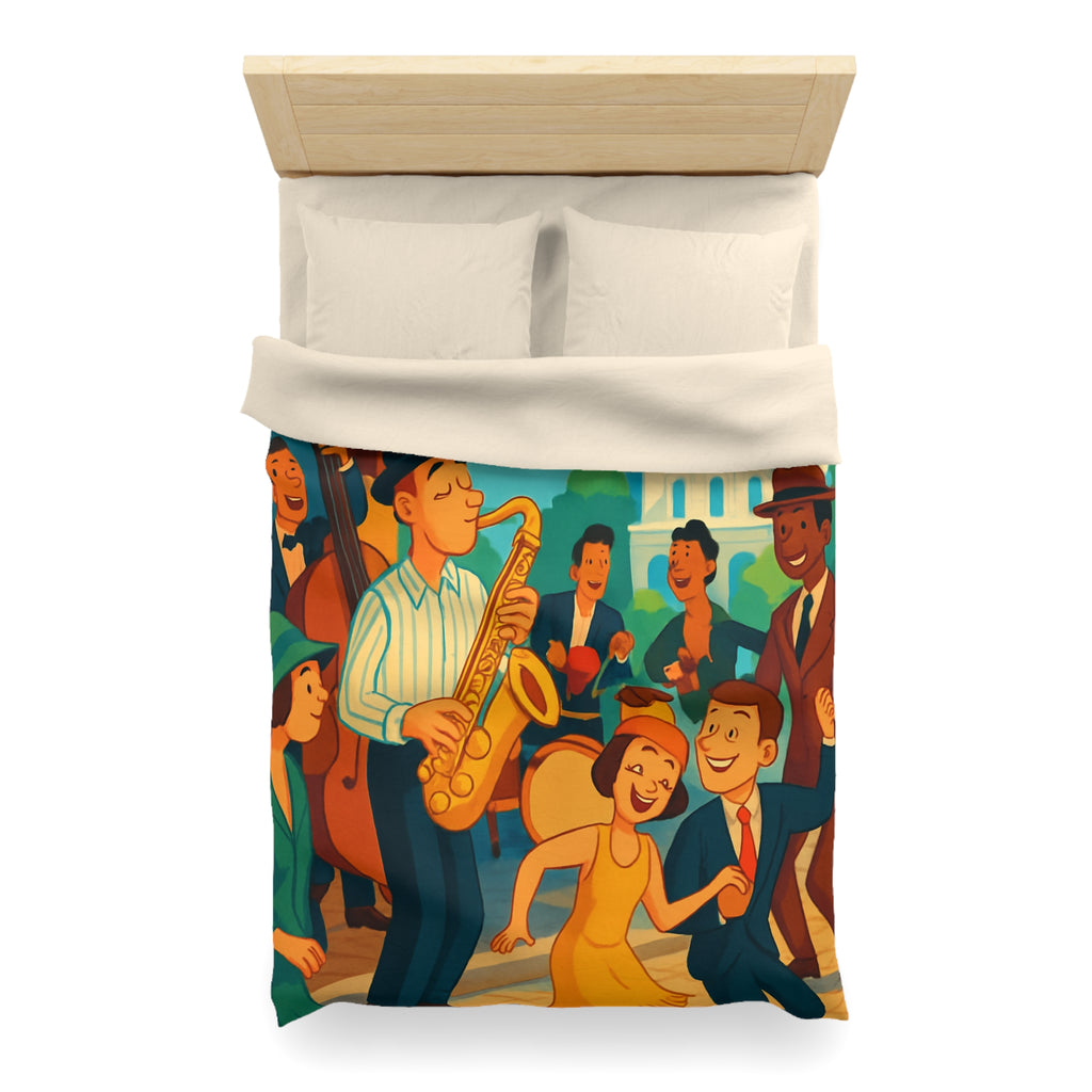 Housse de couette vintage avec scène de musique jazz animée et danse joyeuse