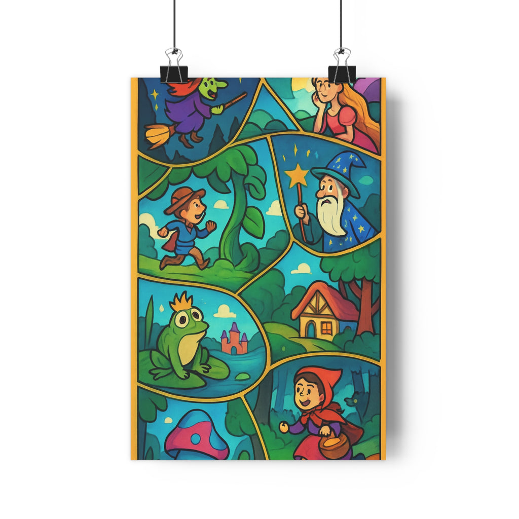 Poster décoratif fantaisiste féerique vibrant surréaliste chambre enfant sorcière princesse magicien forêt château rouge