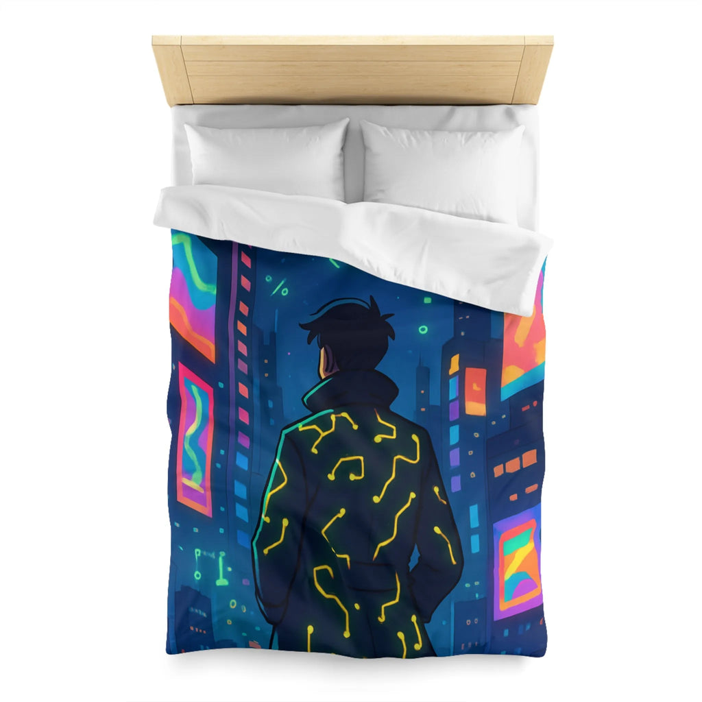 Housse de couette futuriste avec affichage numérique néon dans une ville cyberpunk