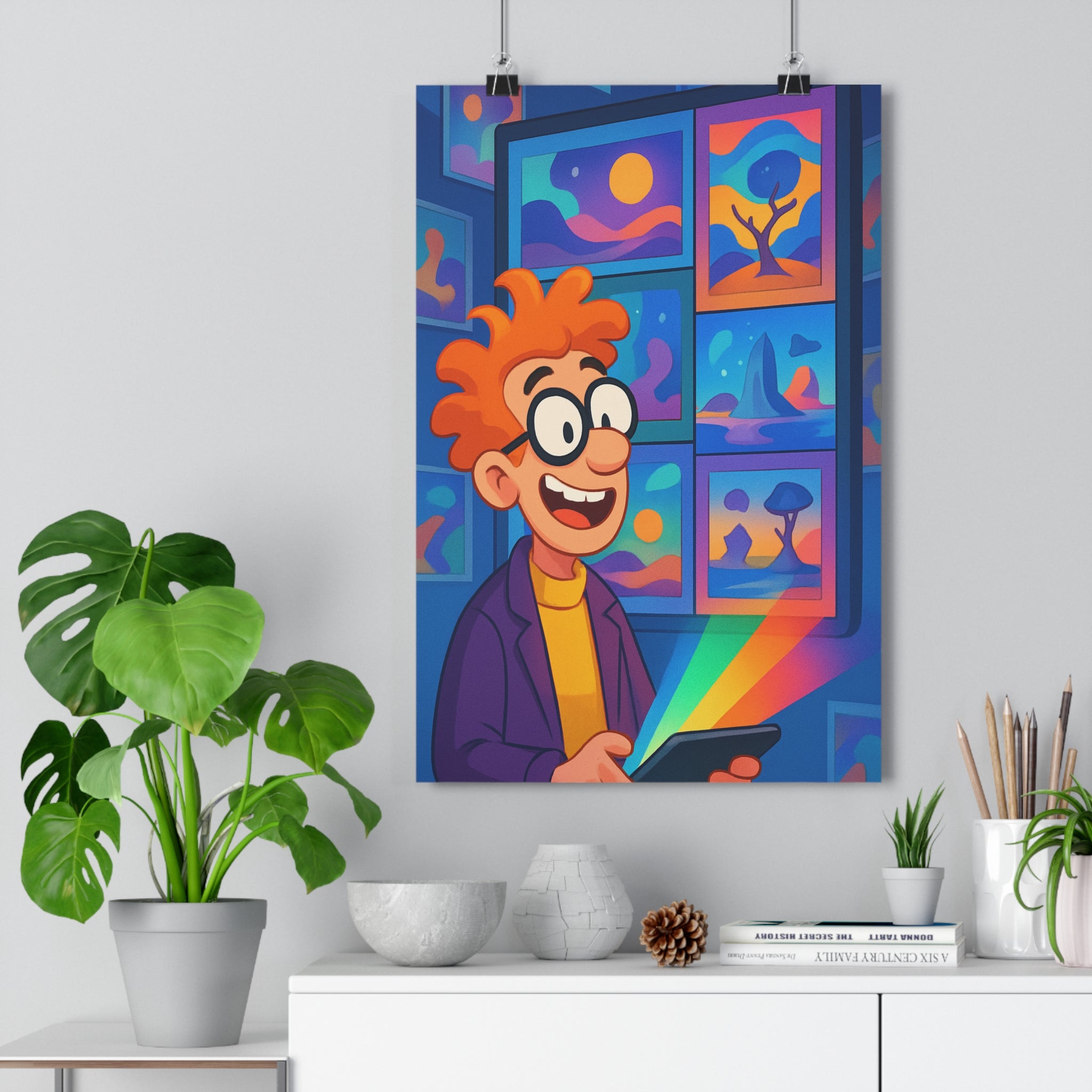 Poster décoratif cartoon lumineux bleu violet jaune joyeux bureau chambre hightech dynamique futuriste qualité