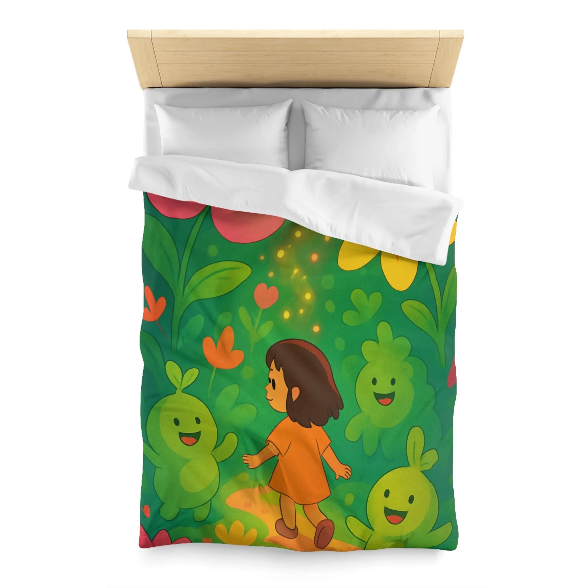 Housse de couette enfant avec fleurs colorées et créatures joyeuses dans forêt magique