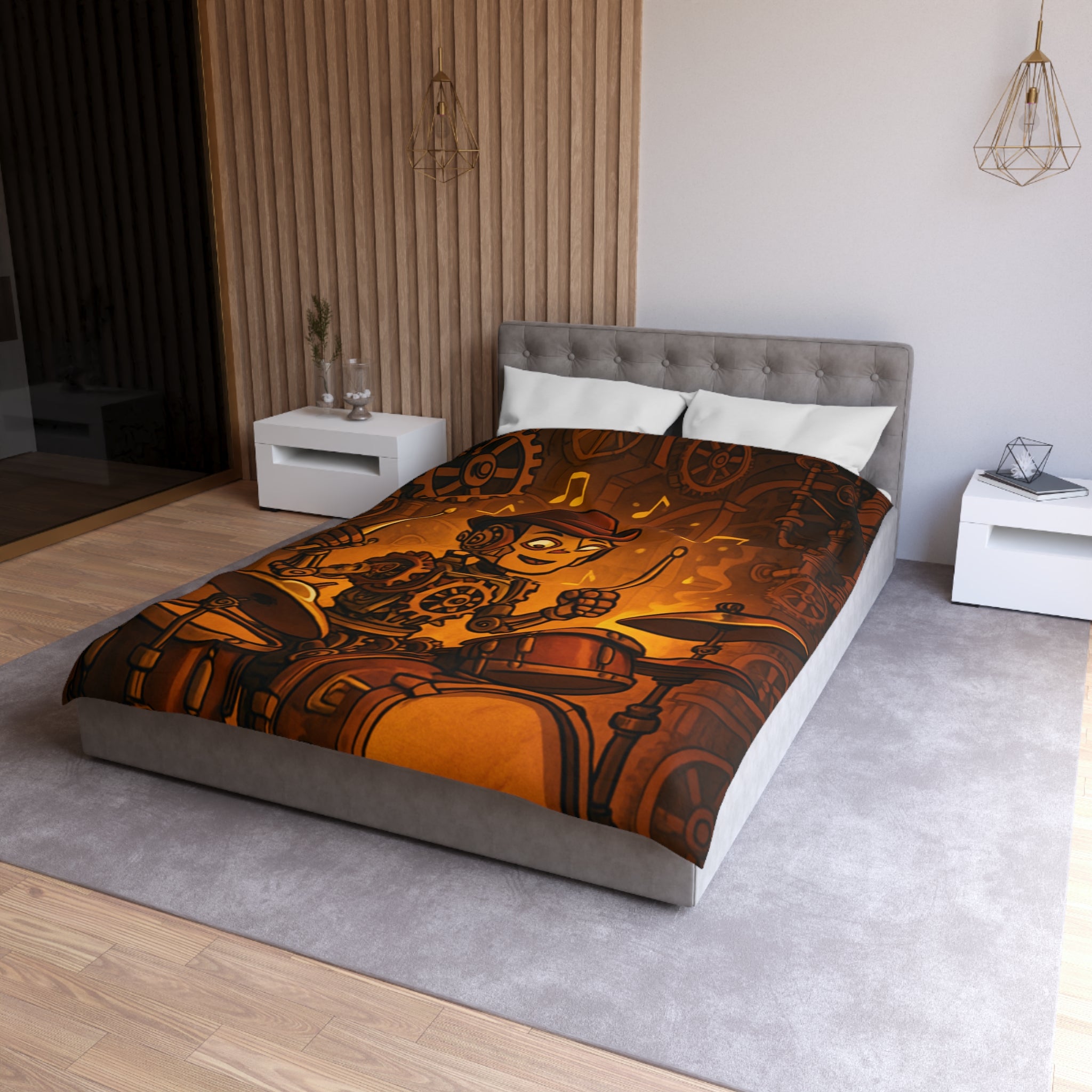 Housse de couette steampunk robot joueur de batterie pour chambre artistique et moderne