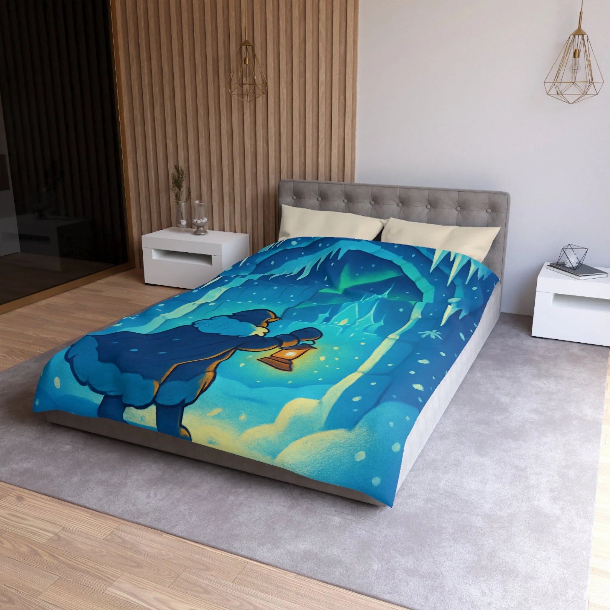 Housse de couette hivernale avec scène lumineuse de paysage enneigé et féérique