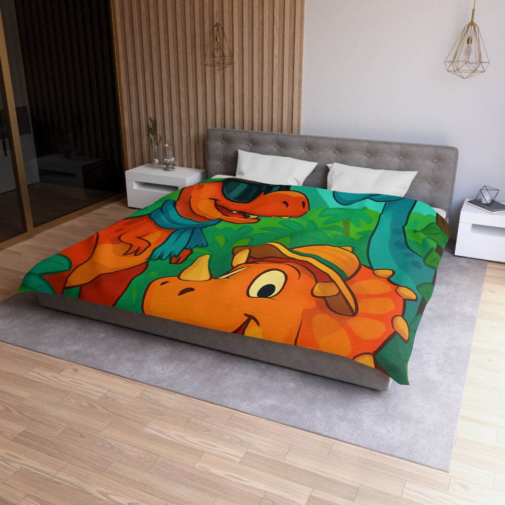 Housse de couette pour enfants avec dinosaures joyeux dans une jungle colorée et ludique