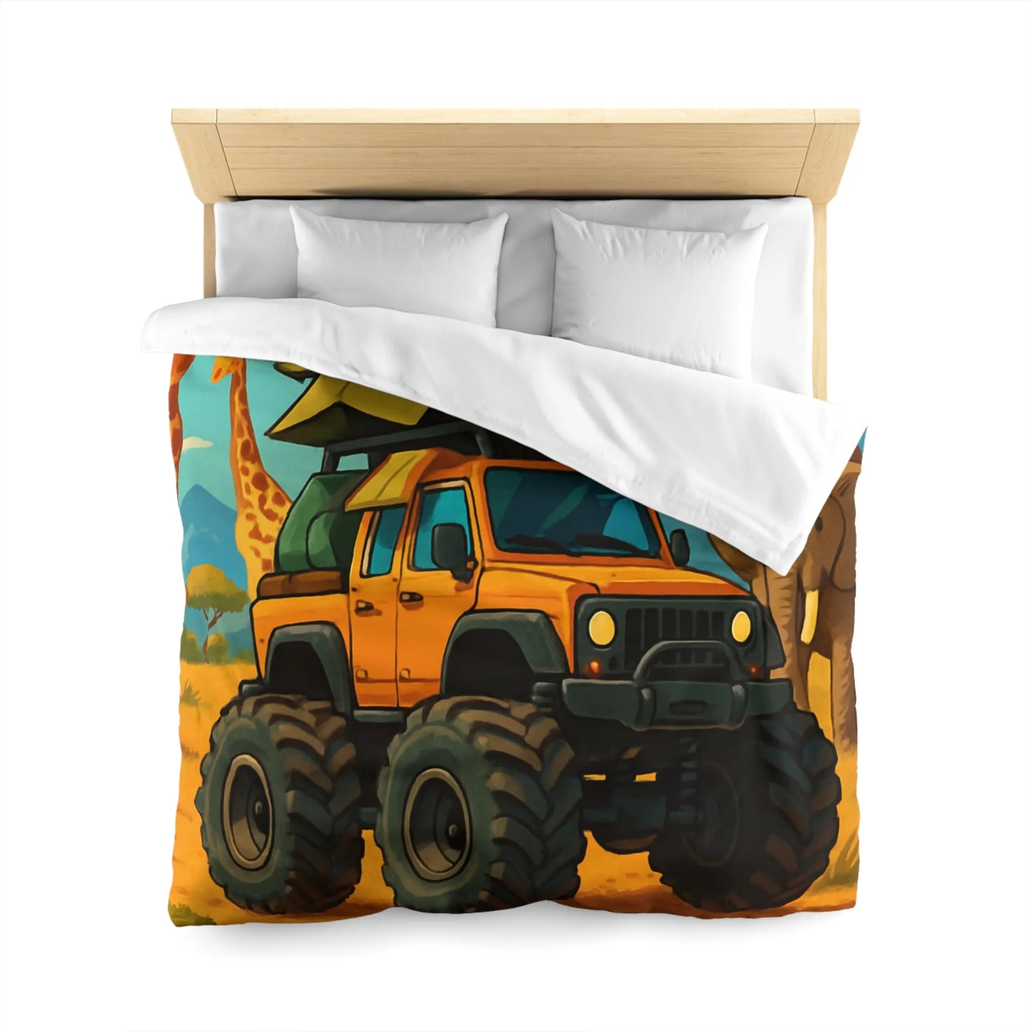 Housse de couette colorée avec véhicule tout-terrain et animaux dans la savane africaine
