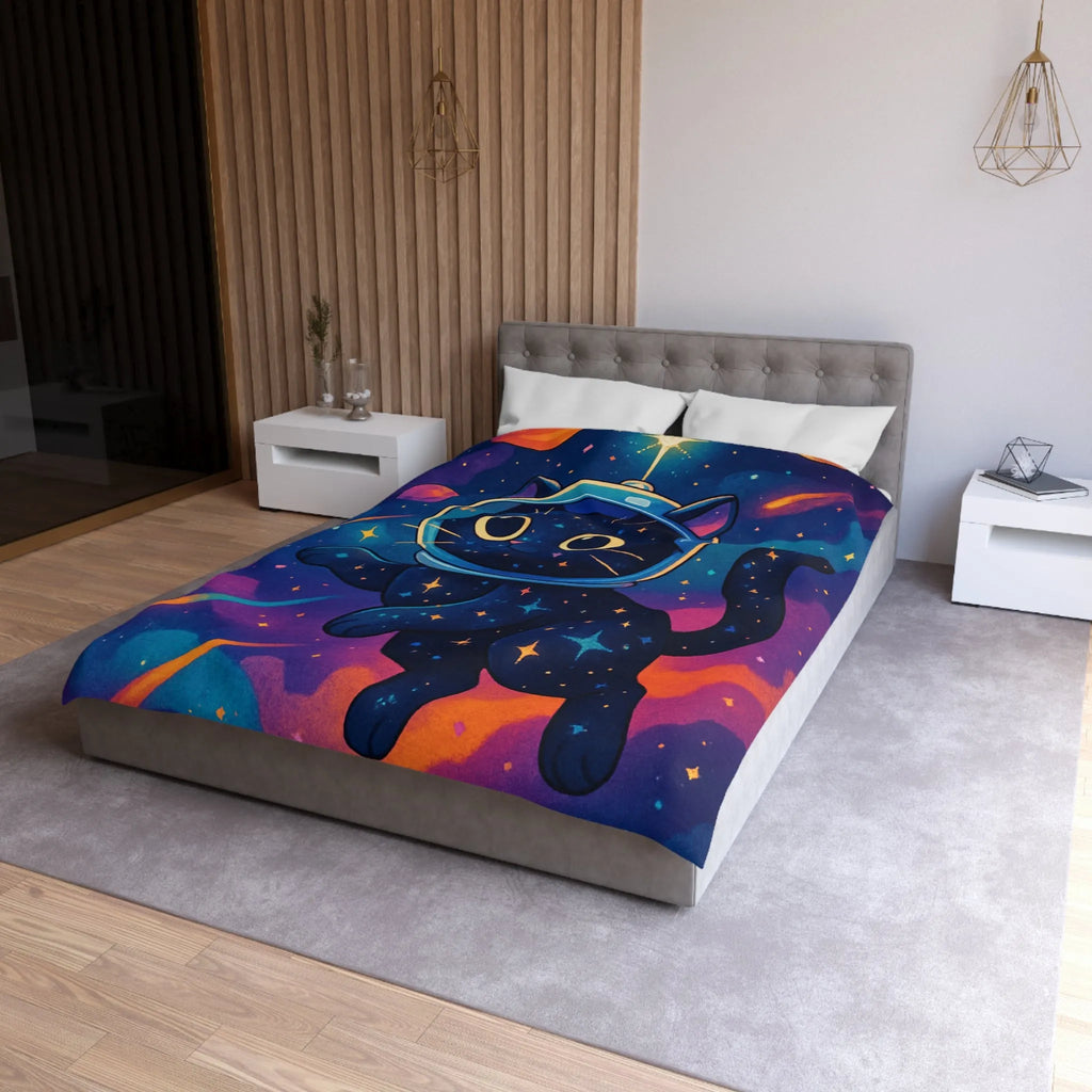 Housse de couette chat cosmique dans l’espace avec étoiles et planètes colorées