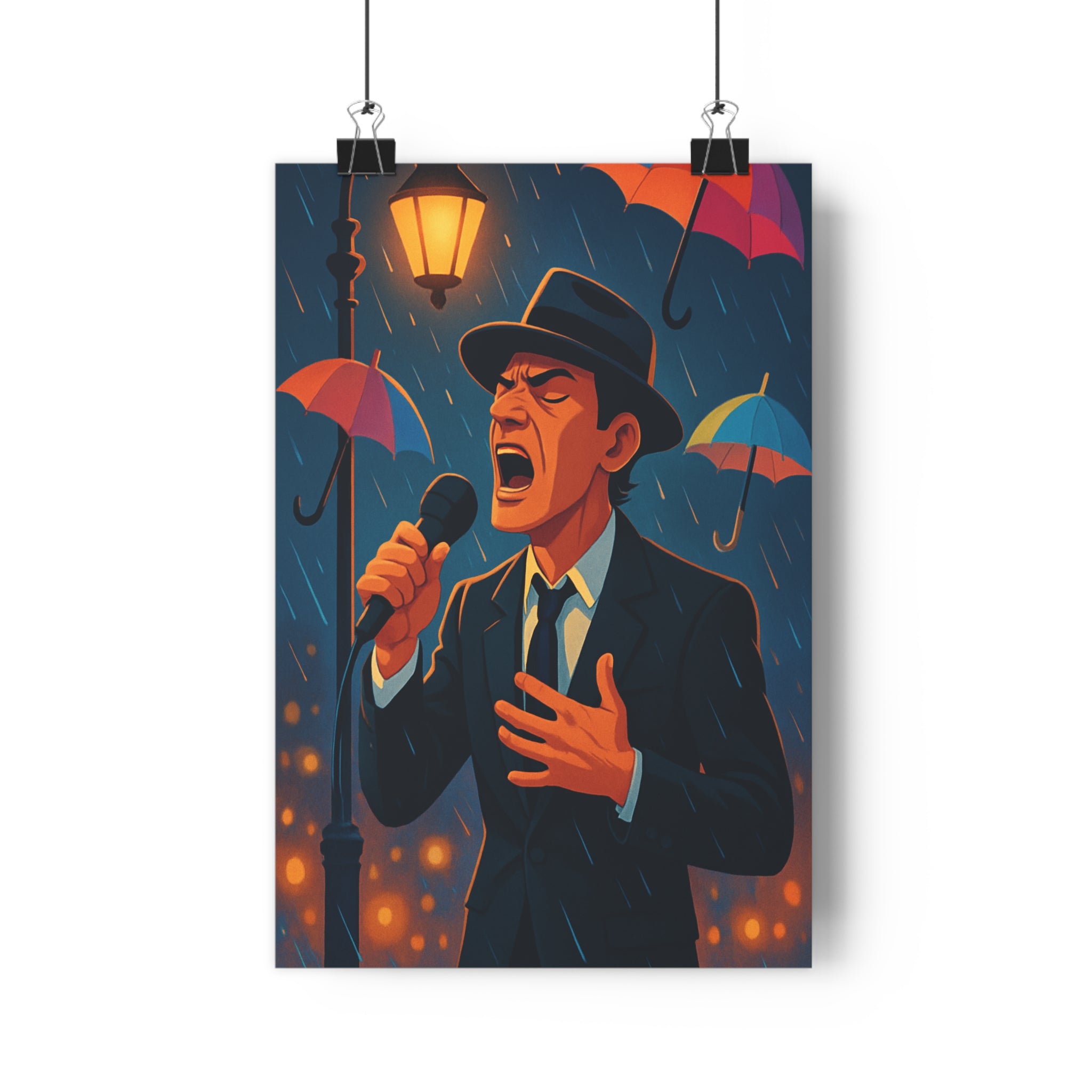 Poster décoratif anime nocturne contrasté dramatique chanteur pluie salon musique ambiance captivante format qualité