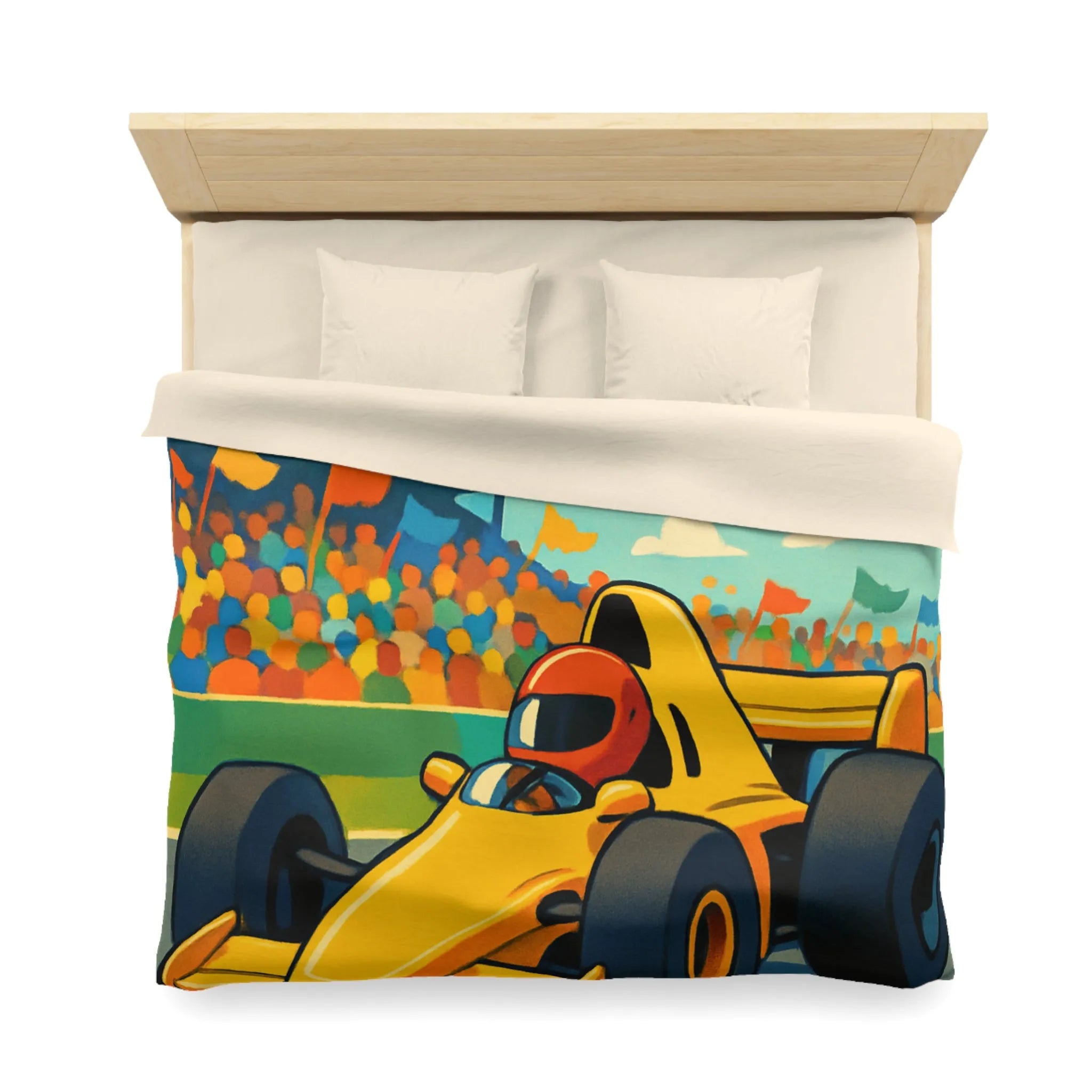 Housse de couette enfant voiture de course jaune circuit ambiance dynamique et colorée
