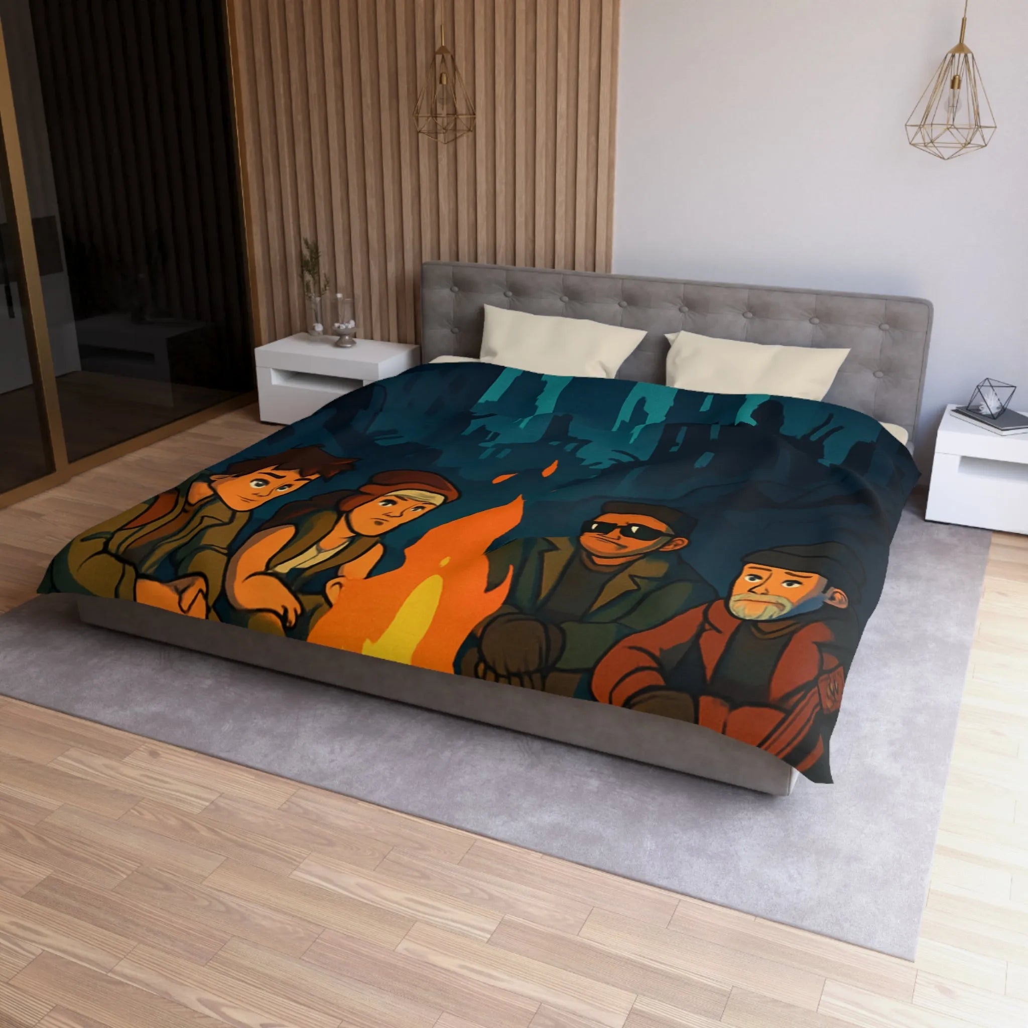 Housse de couette : scène nocturne apocalyptique avec personnages autour d'un feu de camp