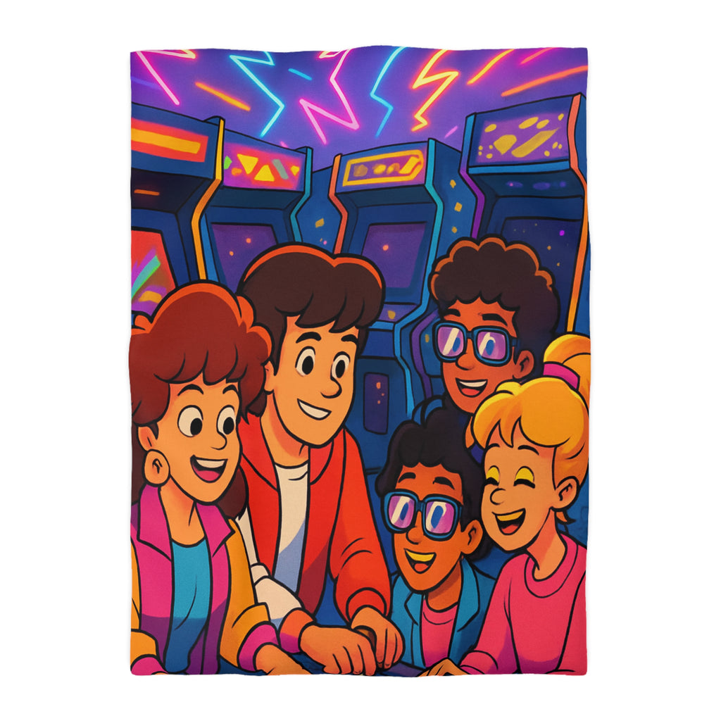 Housse de couette vibrante années 80 avec motifs arcades et ambiance rétro lumineuse