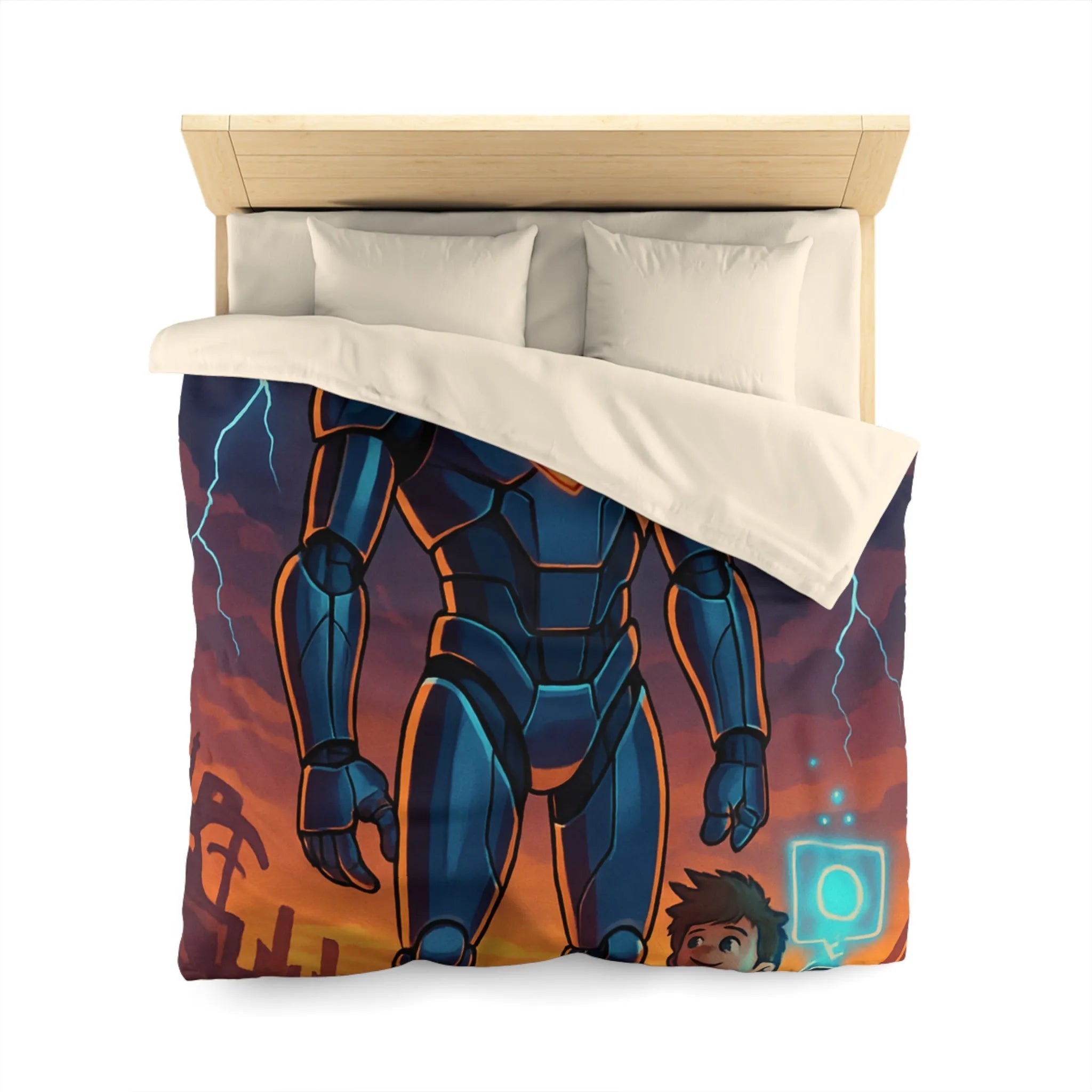 Housse de couette illustrée robot et enfant avec cœur lumineux et ciel orageux