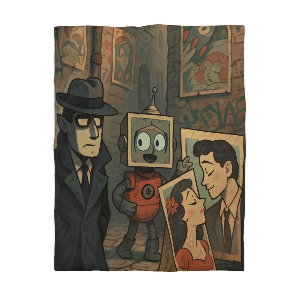 Housse de couette rétro robot vintage, style pop art, ambiance urbaine et romantique