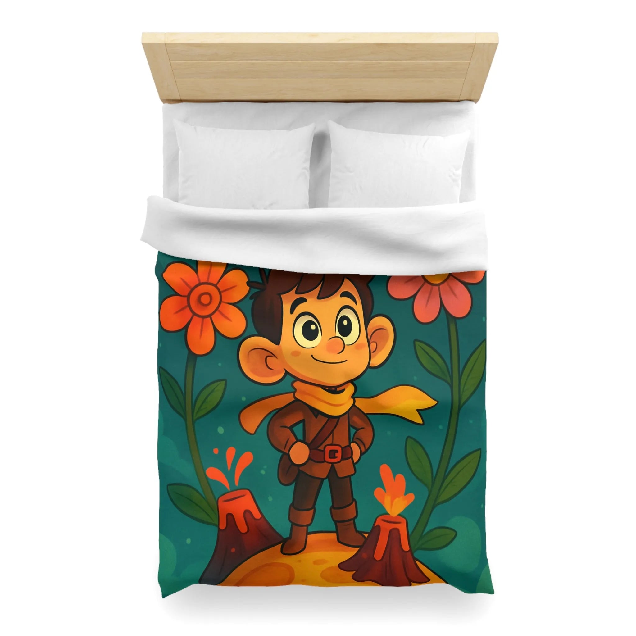 Housse de Couette Enfantine : Aventure Fantastique sur Volcan Fleuri Coloré et Amusant