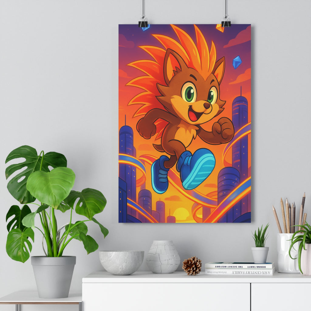 Poster décoratif anime coloré dynamique bleu orange chambre enfant aventure urbain futuriste vibrant moderne