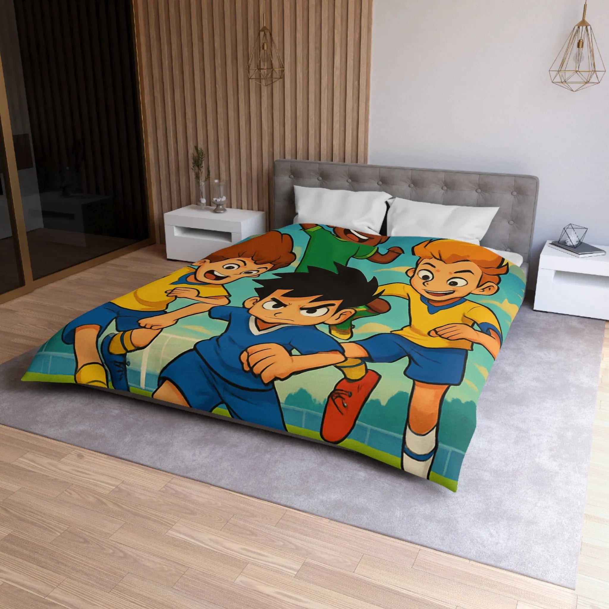 Housse de couette football enthousiaste pour enfants avec joueurs en action et ciel bleu