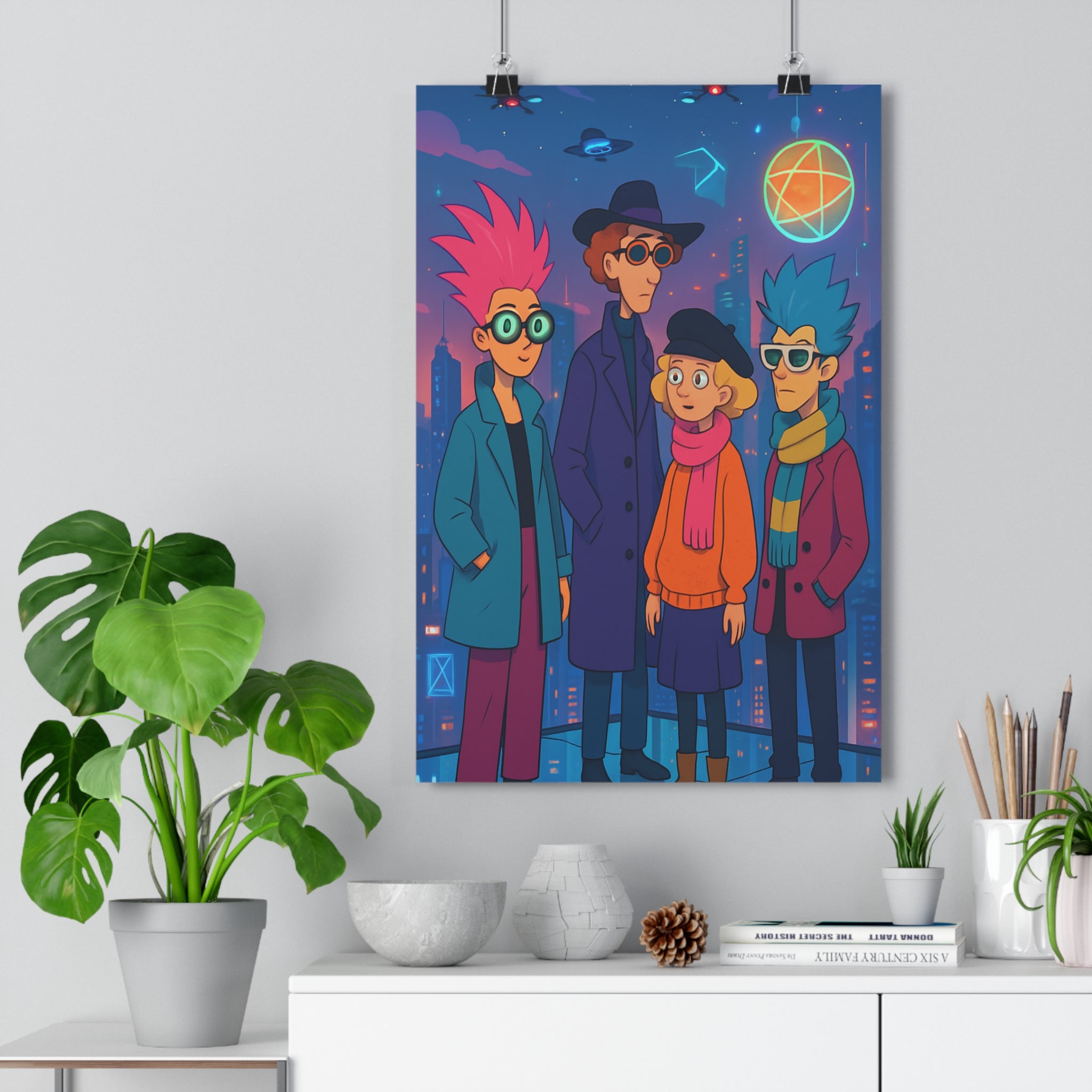 Poster décoratif moderne anime cyberpunk bleu rose orange urbain dynamique chambre salon bureau ambiance