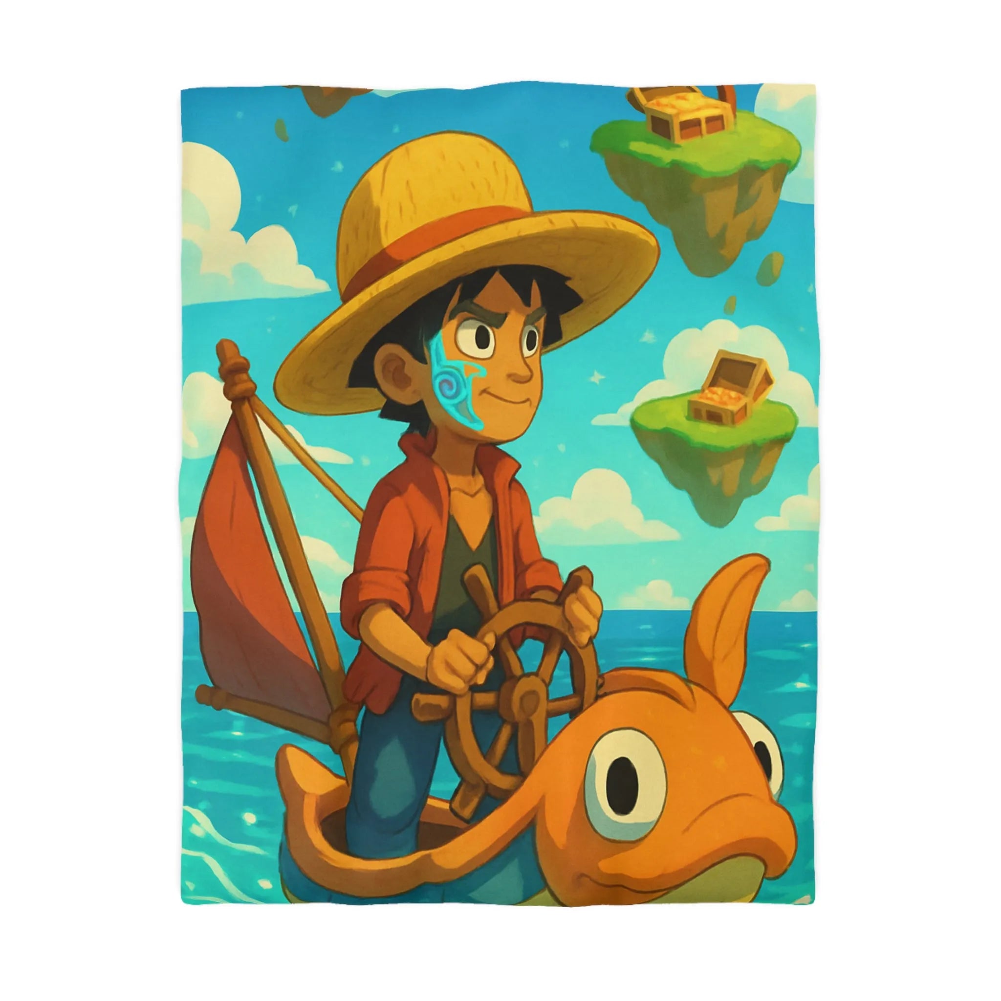 Housse de couette embarcation colorée sur océan turquoise avec îles flottantes et trésors