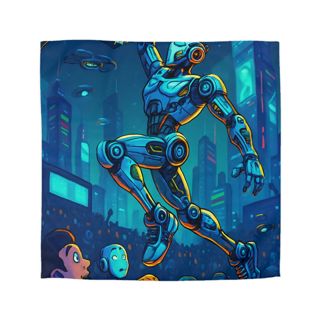 Housse de couette futuriste avec robot jouant au basket dans une ville lumineuse