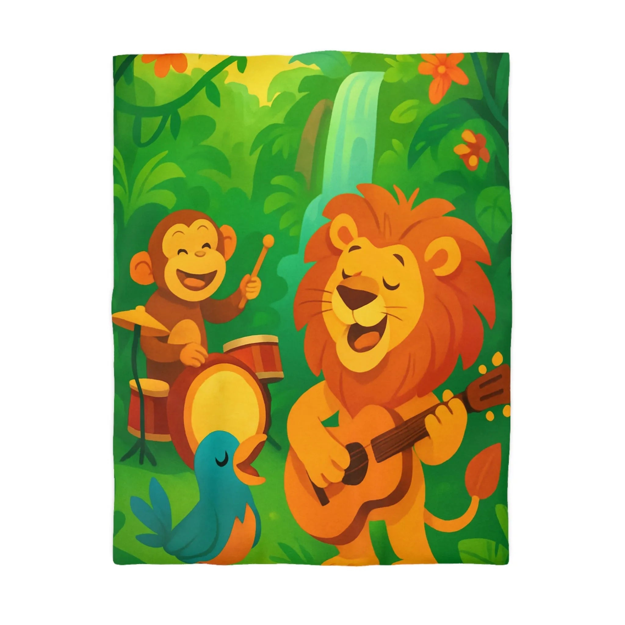 Housse de couette jungle colorée avec lion, singe, et oiseau musiciens joyeux