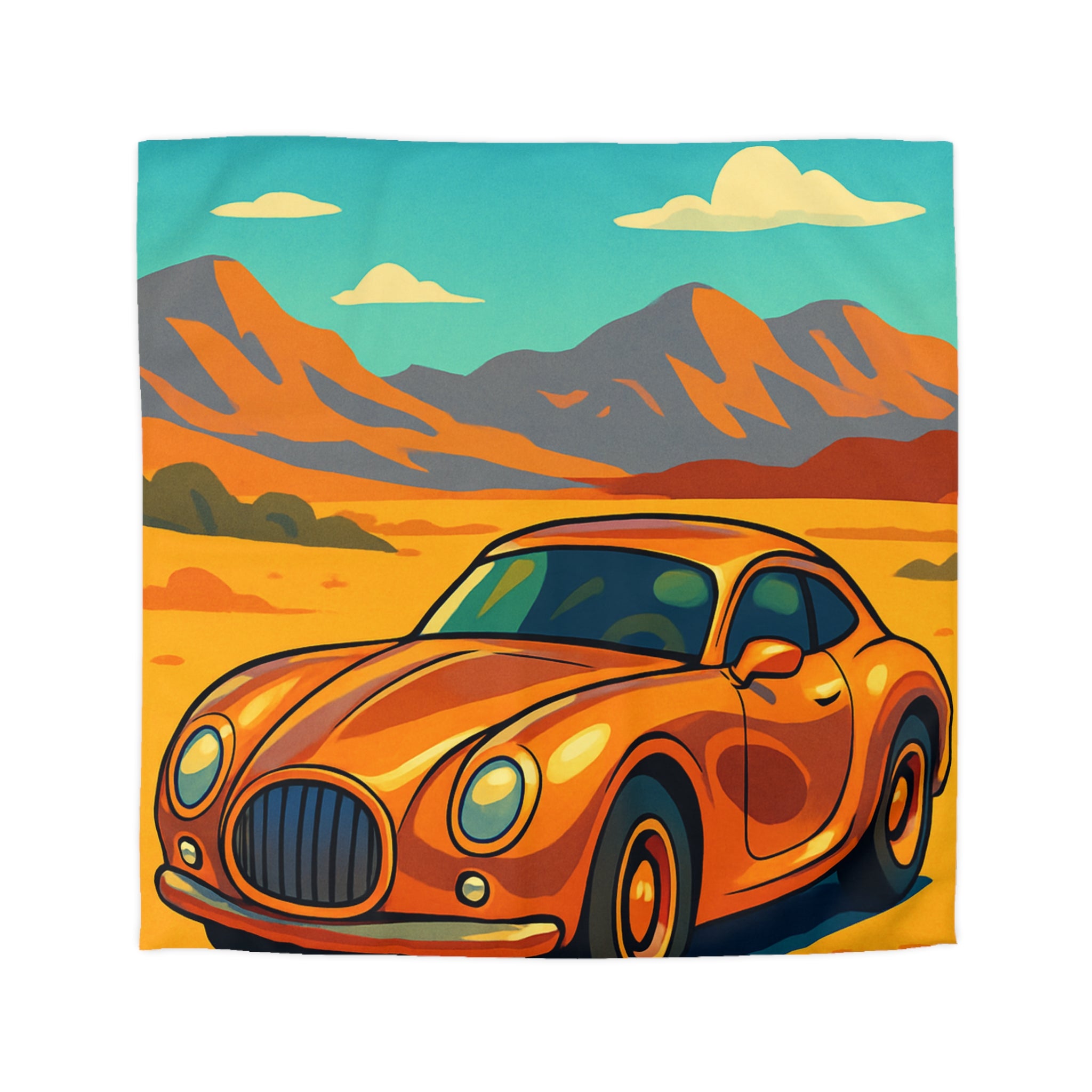 Housse de couette style rétro avec voiture orange désert paisible montagnes lointaines