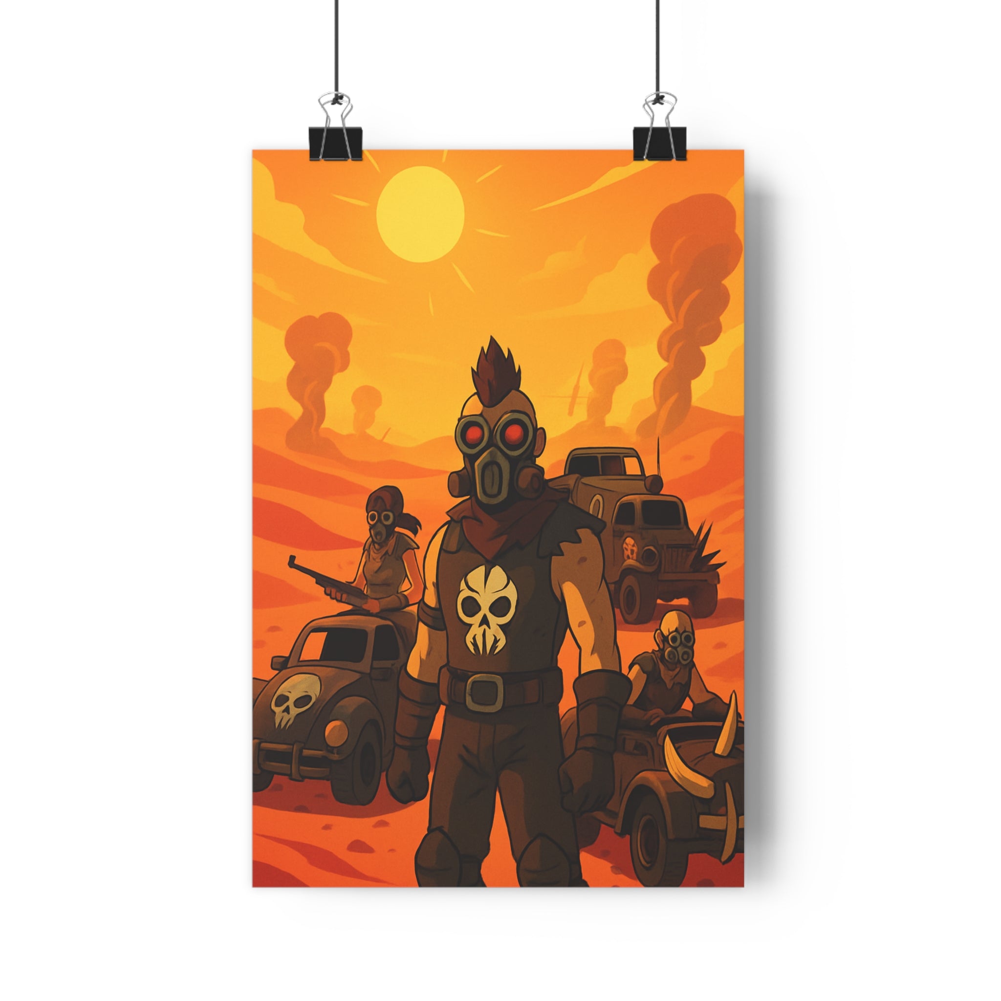 Poster décoratif cartoon dynamique guerriers désert apocalyptique orange rouge intense ambiance chambre salon qualité