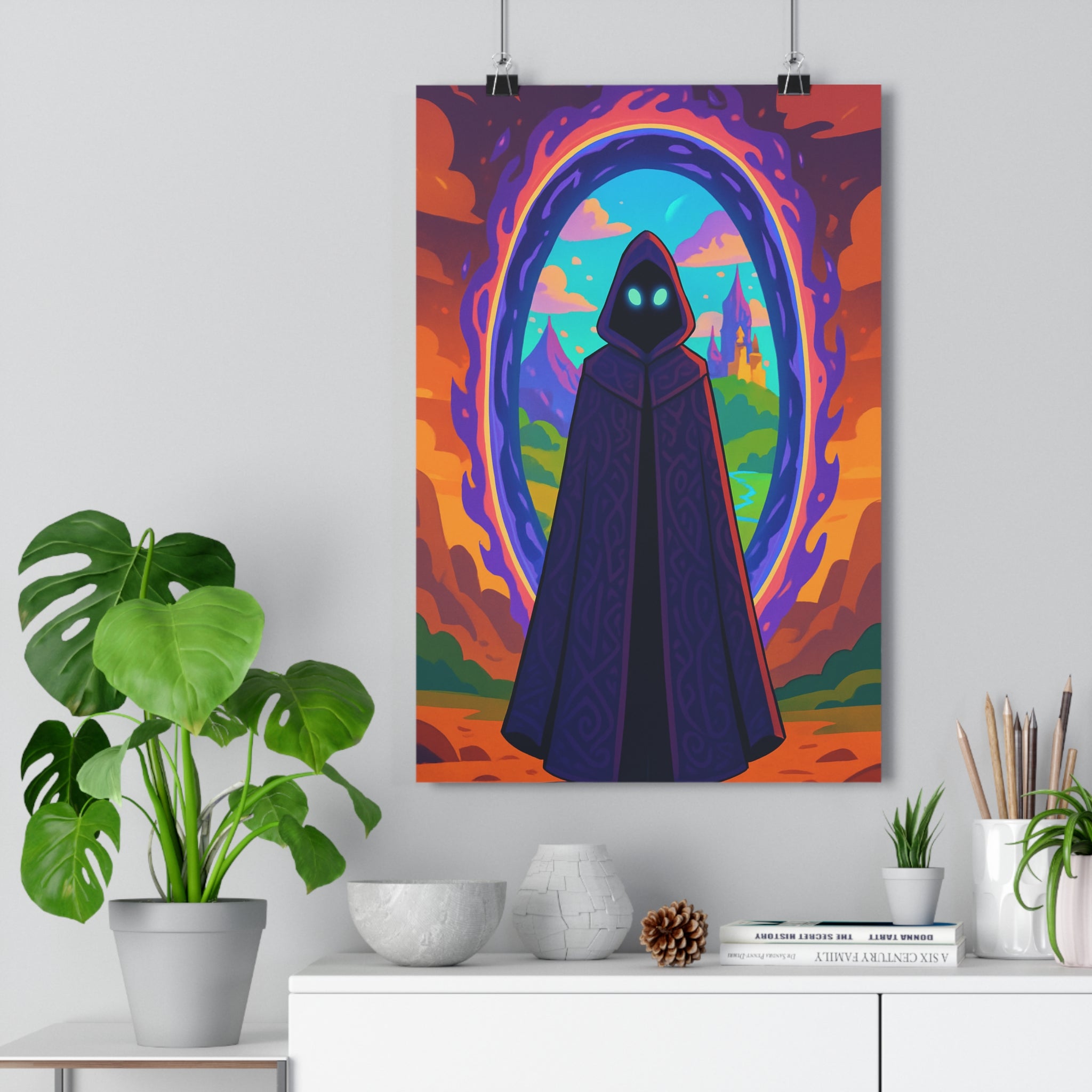 Poster décoratif silhouette mystique violet orange crépuscule fantaisie paysage magique chambre salon artistique atmosphérique