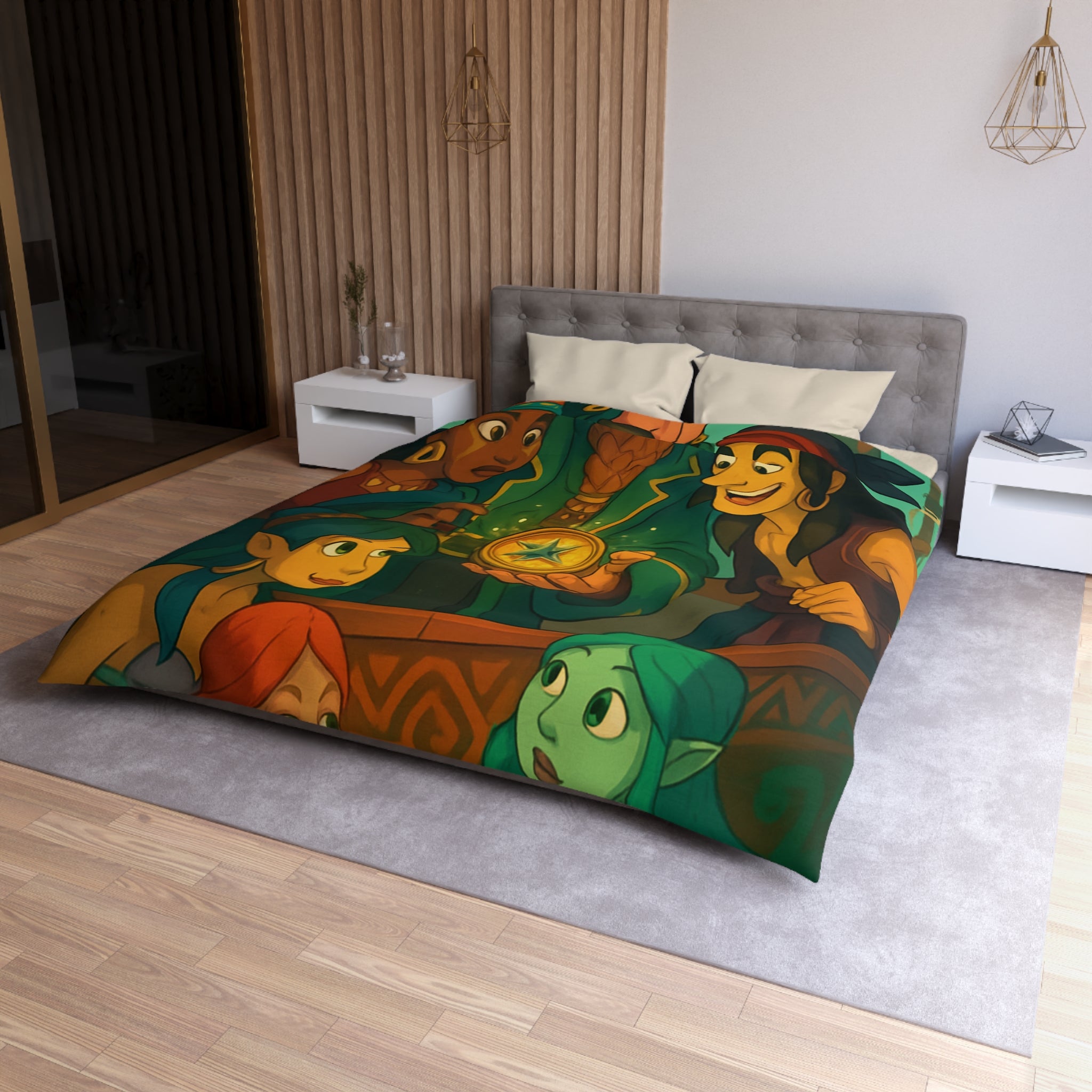 Housse de couette pirate et sirènes avec trésor sur mer émeraude et ciel