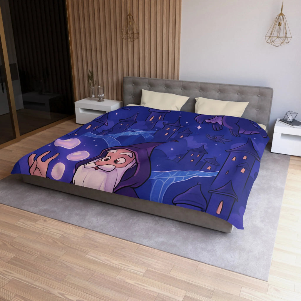 Housse de couette magique avec dragon violet, hiboux et sorcier devant château