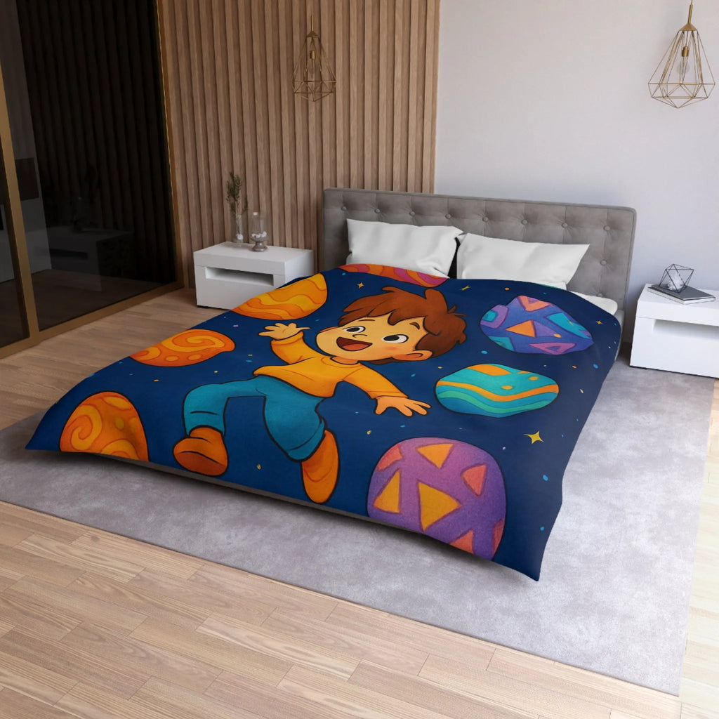 Housse de couette enfant planète colorée avec garçon dans l'espace étoilé vibrant