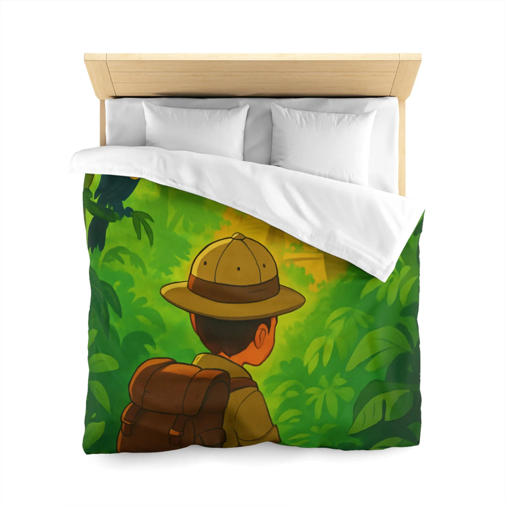 Housse de couette jungle avec aventurier, singe et toucan, ambiance explorateur