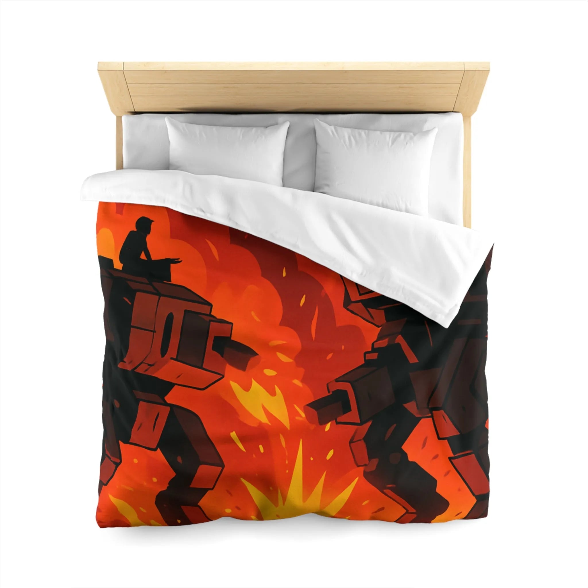 Housse de couette avec robots géants dans un duel épique sous ciel enflammé